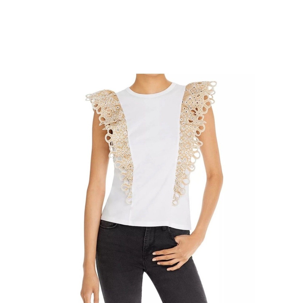 Veronica Beard Jade Ruffle White/Beige Top Shirt Size S